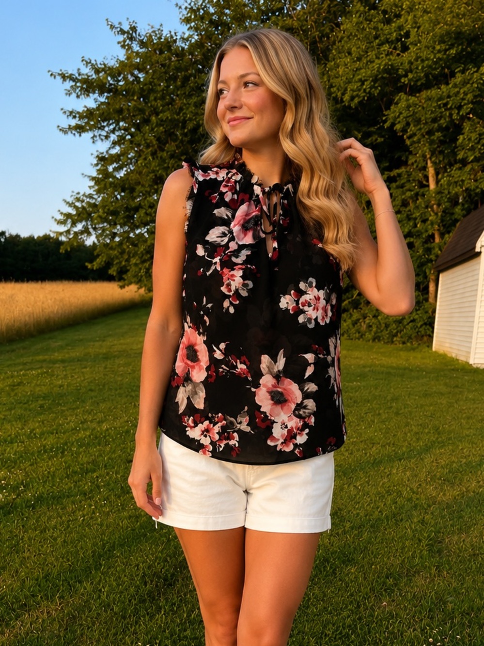 White House Black Market Black Floral Sleeveless Tie-Neck Blouse